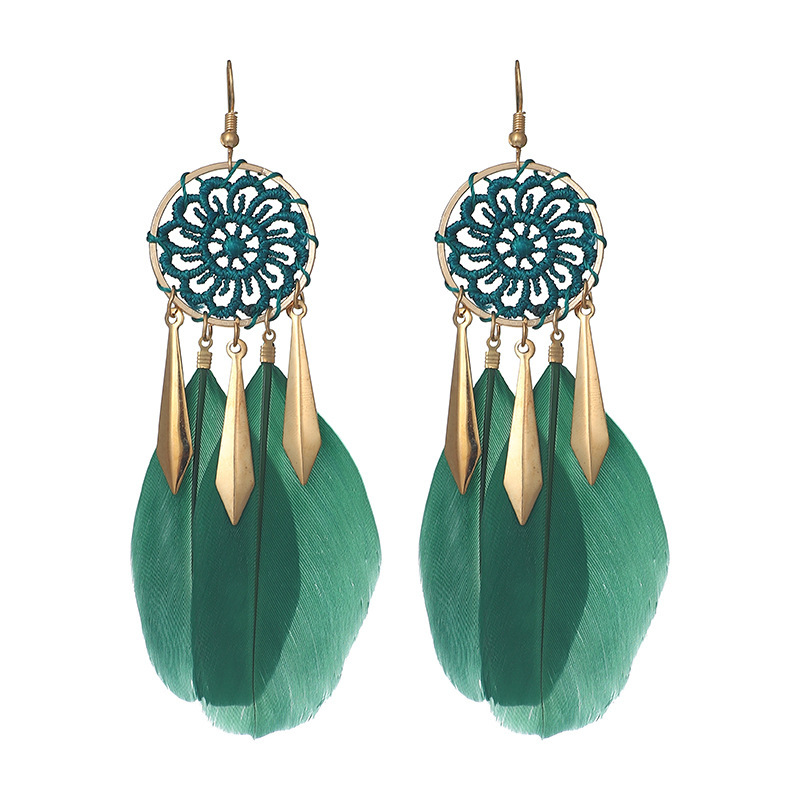 Pendientes De Aleación De Plumas Trenzadas Con Patrón De Atrapasueños De Estilo Étnico A La Moda display picture 1