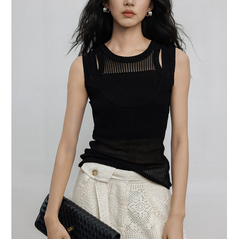Stylish Black Summer Faux Two-Piece Sleeveless Mesh Hollow-Out Tank Top for Women, 2026 New High-End Casual Top