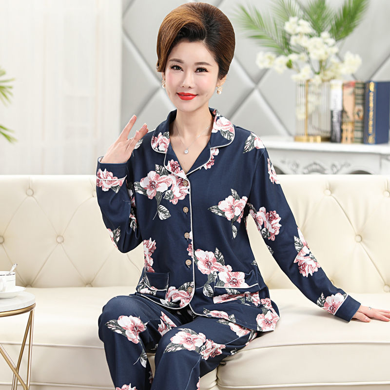 Primavera y otoño 100% pijamas de algodón de manga larga de las mujeres más el tamaño cardigan traje de mediana edad y ancianos ropa de casa de invierno