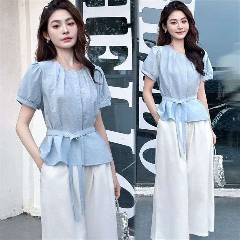 French Sweet Bubble Short-Sleeved Shirt for Women 2025 New Design Lace-Up Loose Waist Slimming Look Shirt for Women Summer