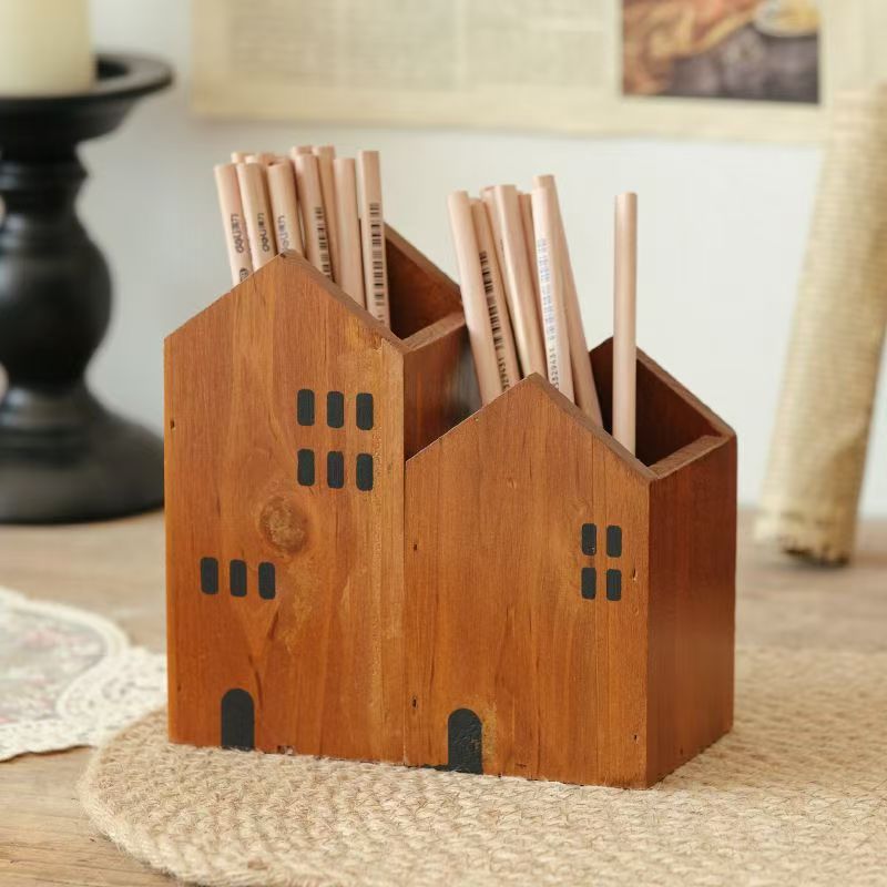 Casa de madera modelada lápiz de escritorio cepillo de maquillaje almacena lápiz cepillo papelería lápiz cepillo cartucho decoración ornamentos
