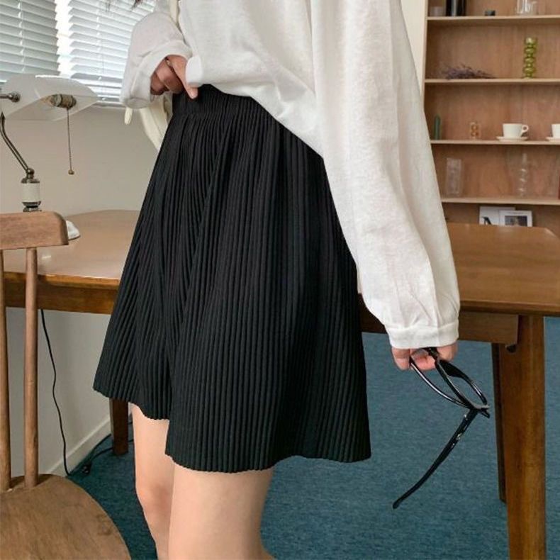 2025 nuevos pantalones cortos de pierna ancha plisados para mujer, pantalones de cinco puntos que cubren la carne de verano de estilo coreano, cintura elástica suelta y versátil, descanso recto