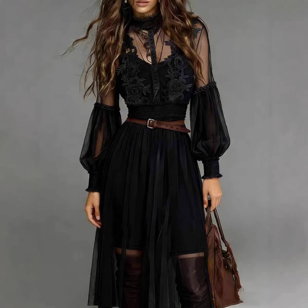 2026 European And American Cross-border Independent Site Western Resort Sheer Lantern Sleeve Lace Appliqué Mesh_ecoleips.com