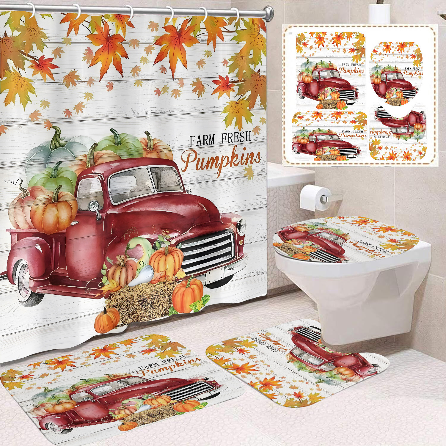 Cortina de ducha de Acción de Gracias, cosecha de otoño, serie de calabaza, cortina de ducha, cortina de baño, cortina de baño impermeable de poliéster, cortina de baño de cuatro piezas image 17