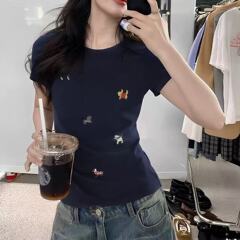 人気の漫画子犬プリント Tシャツレディース半袖右肩ラウンドネックカジュアル T2025 夏新作スリムフィットトップ