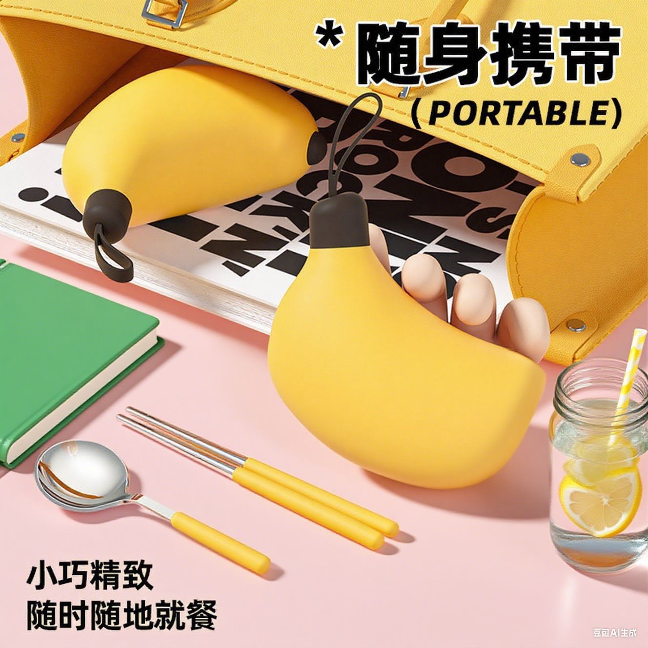 现货上班族便携香蕉餐具不锈钢儿童外出食品级筷子勺子可折叠餐具