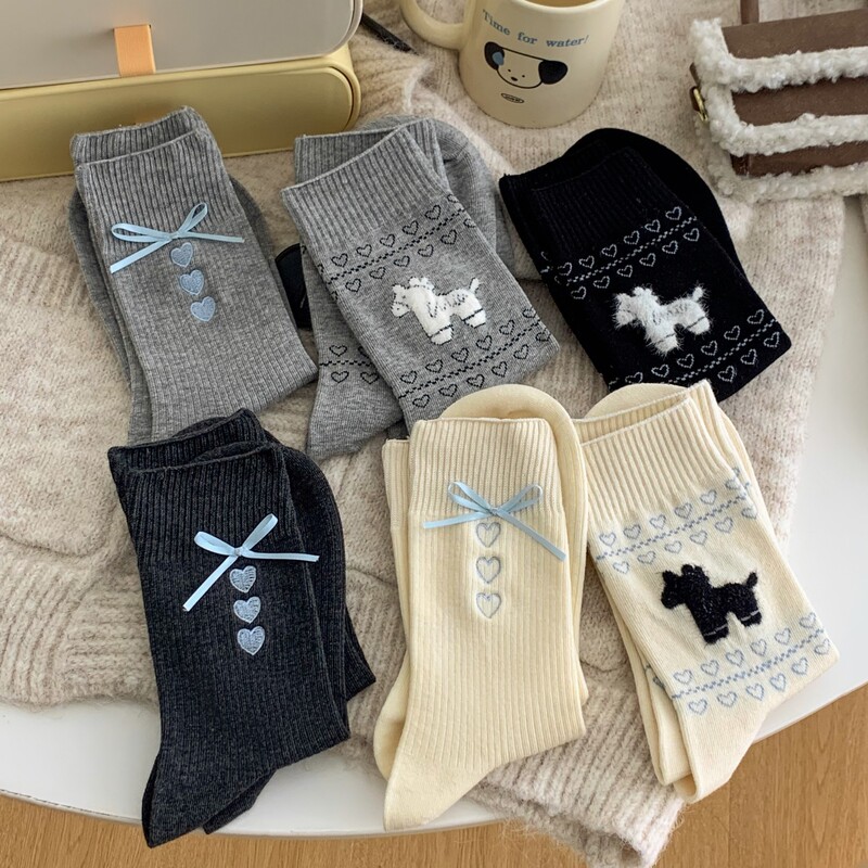 Fair Isle Socks for Women, Pure Cotton, Korean Style, Embroidered with Hearts and Bows, Mid-Calf Socks, Miu Series, Cute Puppy Slouch Socks