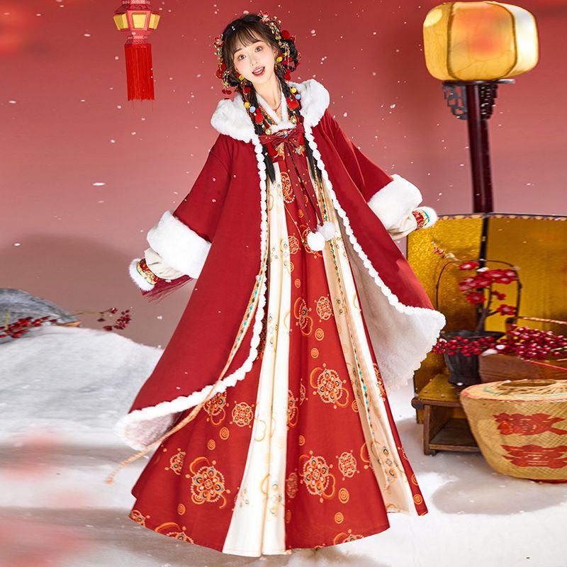Original Hanfu Cloak Women's Autumn and Winter New Year's Greeting Clothing Han Element Improved Slip Skirt Improved Tang New Ancient Dress