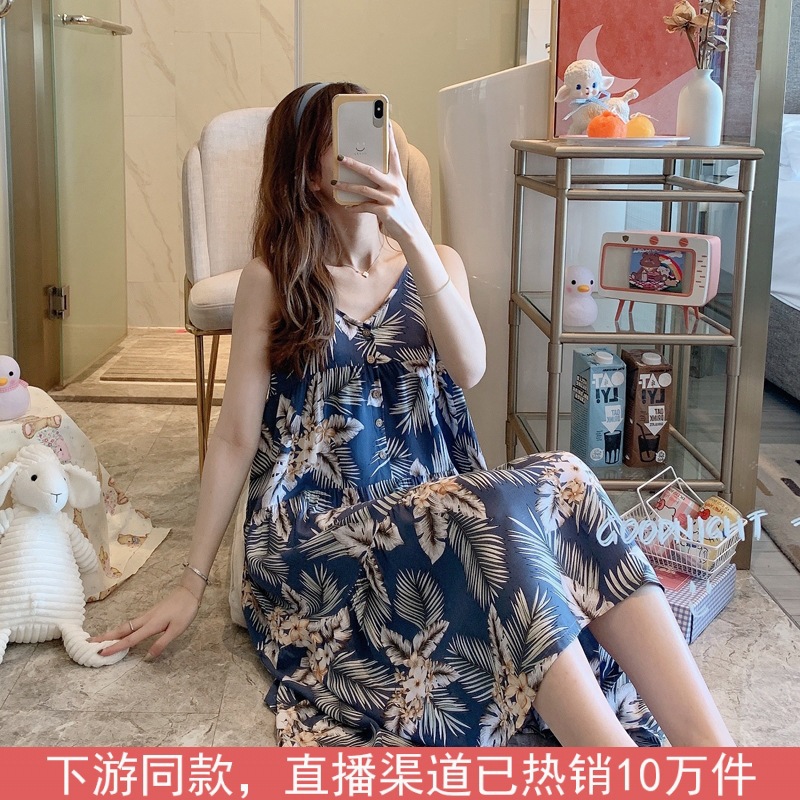 Women's Cotton Silk Nightgown Summer Thin Faux Cotton Silk Printed Sling Pajamas Pregnant Women Can Wear Large Size Outer Home Clothes