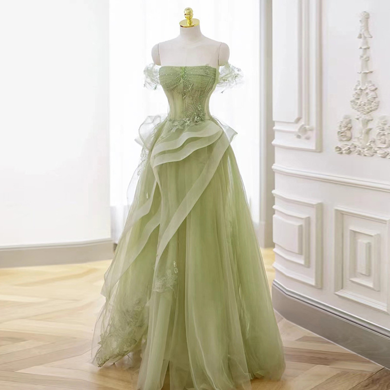 Green Strapless Forest-Style Evening Dress 2026 Summer New Forest-Style Host Graduation Host Dress