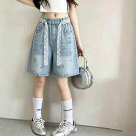 女童短裤中大童卡通刺绣牛仔短裤2026夏季新款儿童洋气宽松五分裤