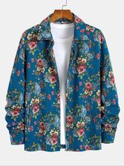 Men's Floral Print Button Zipper Jacket Loose Casual Long