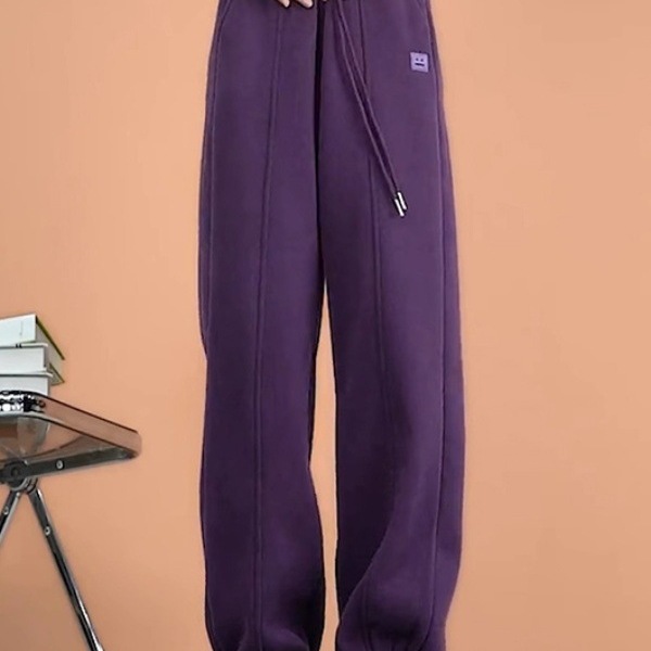 紫色加绒加厚运动休闲裤女秋冬新款显瘦高腰胖mm宽松直筒束脚卫裤