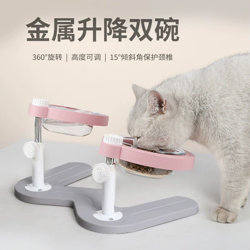 애완 동물 고양이 개 간단한 경 사진 목 보호 조정 가능한 높이 식탁 유리 더블 그릇 밥그릇 물 그릇 리프팅 더블 그릇