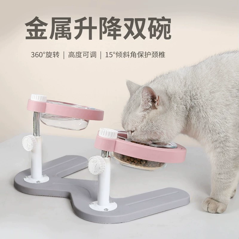 Pet Cat Dog Простая скошенная защита шеи Регулируемая высота Обеденный стол Стеклянная Двойная чаша Чаша для риса Чаша для воды Подъемная Двойная чаша