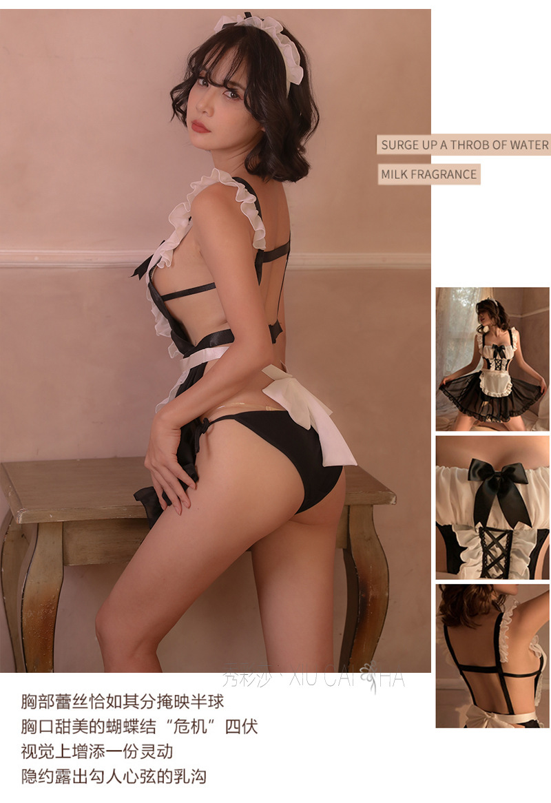 Maid Roleplay Lingerie Set with Headpiece, Crotchless Stockings and Panties — detail image 12