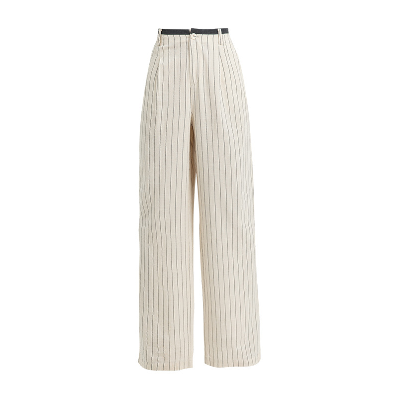 Quần culottes nữ ống rộng vải lanh sọc dọc, cạp cao phối màu, dáng suông thoáng mát — Vải gai sọc