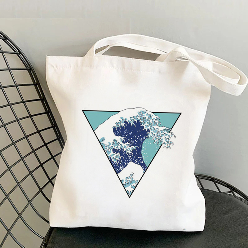 Comercio exterior transfronterizo Gran ola japonesa impresa bolsa de lona Harajuku bolsa de hombro bolsa de mano bolsa de compras en stock