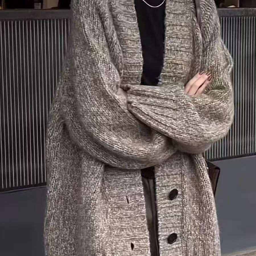 重磅软糯花线毛衣外套开衫新款秋冬宽松慵懒风针织中长款外穿女