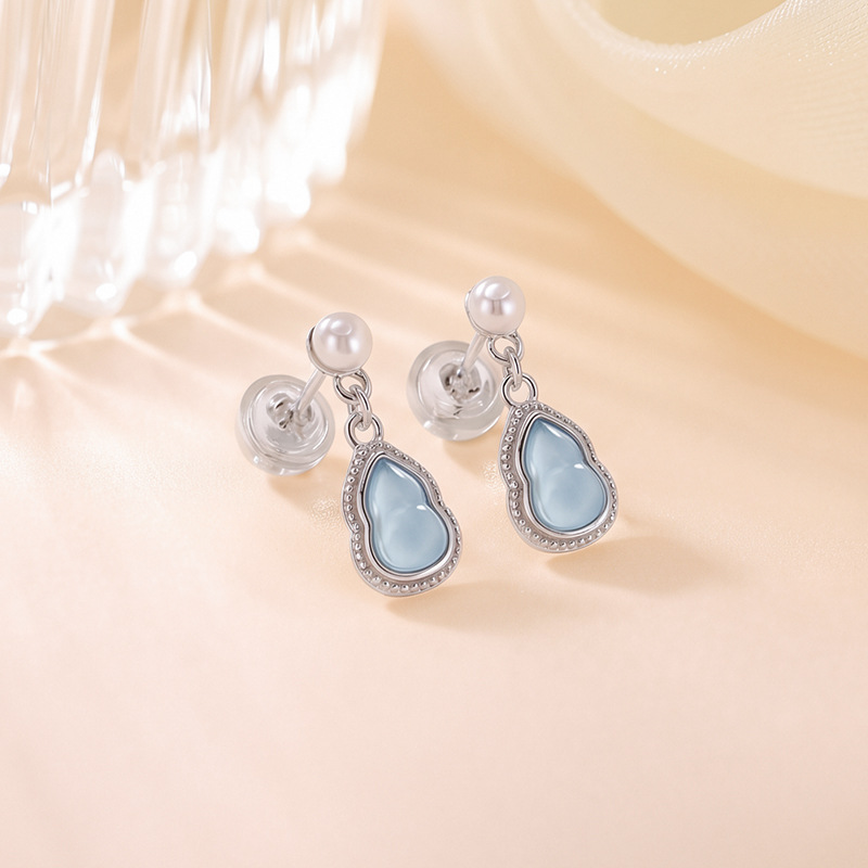 Bông tai bạc S925 đính đá aquamarine và ngọc trai hình hồ lô phong cách tối giản — Một đôi