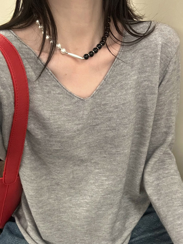 V领薄款针织衫女2025早秋新款长袖上衣宽松慵懒外穿简约显瘦毛衣|undefined