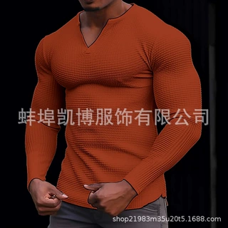 2023欧美独立站外贸货源男式华夫格V领T恤上衣度假长袖休闲时尚
