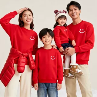 春秋款简约笑脸标红色卫衣中小学生幼儿园亲子活动表演班服过年服