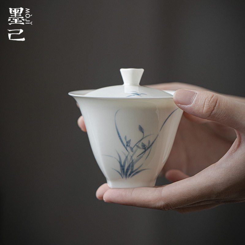Moji Jade Porcelain Hand-painted Orchid Cover Bowl Square Ceramic Blue and White Tea Bowl Kung Fu Tea Set Household Cover Bowl Moji Jade Porcelain Hand-painted Orchid Cover Bowl Square Ceramic Blue and White Tea Bowl Kung Fu Tea Set Household Cover Bowl