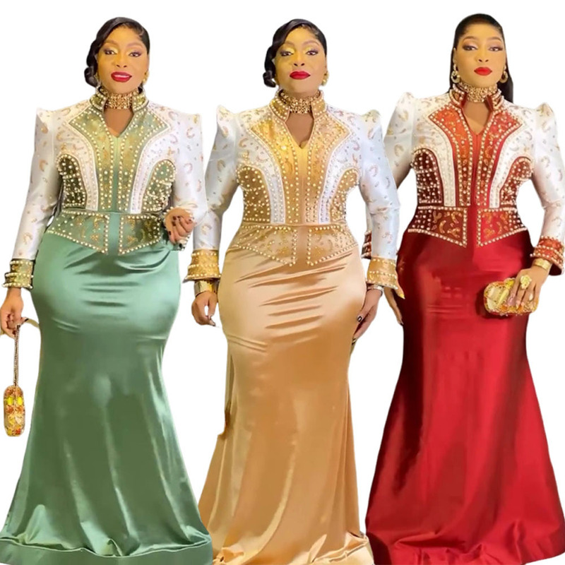 European and American Cross-Border Foreign Trade African Women's Elegant Long-Sleeved Long Skirt Aliexpress Wedding Dress Beaded Dress European and American Cross-Border Foreign Trade African Women's Elegant Long-Sleeved Long Skirt Aliexpress Wedding Dress Beaded Dress