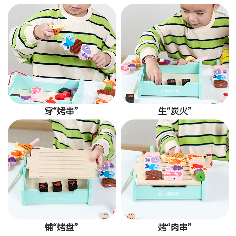 Casa de juegos para niños juguete de simulación de cocina de madera multifuncional con cuentas conjunto de herramientas de barbacoa Niños y niñas de 3 a 6 años de edad 2