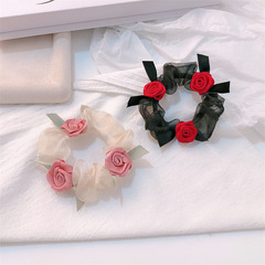 Rose Flower Large Bow Hair Tie High-End Sensibility Elastic Band for Women's Hairstyle, Low Bun Ponytail Hair Accessory