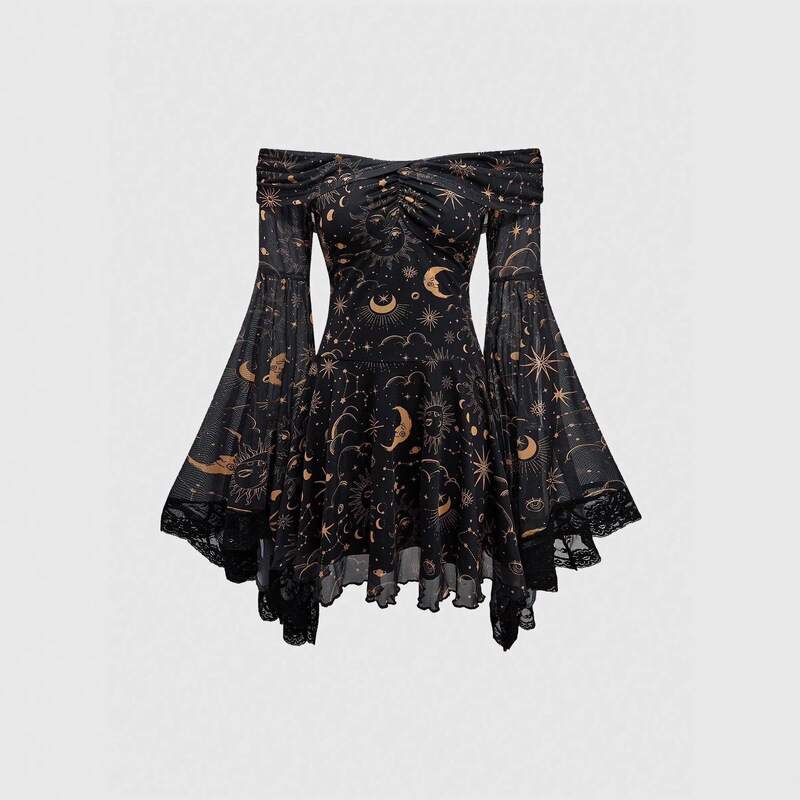 Gothic Round-Neck Vintage Mysterious Star and Moon Coat, Long-Sleeve All-Over Short-Sleeve Printed Flared Sleeve A-Line Dress Gothic Round-Neck Vintage Mysterious Star and Moon Coat, Long-Sleeve All-Over Short-Sleeve Printed Flared Sleeve A-Line Dress