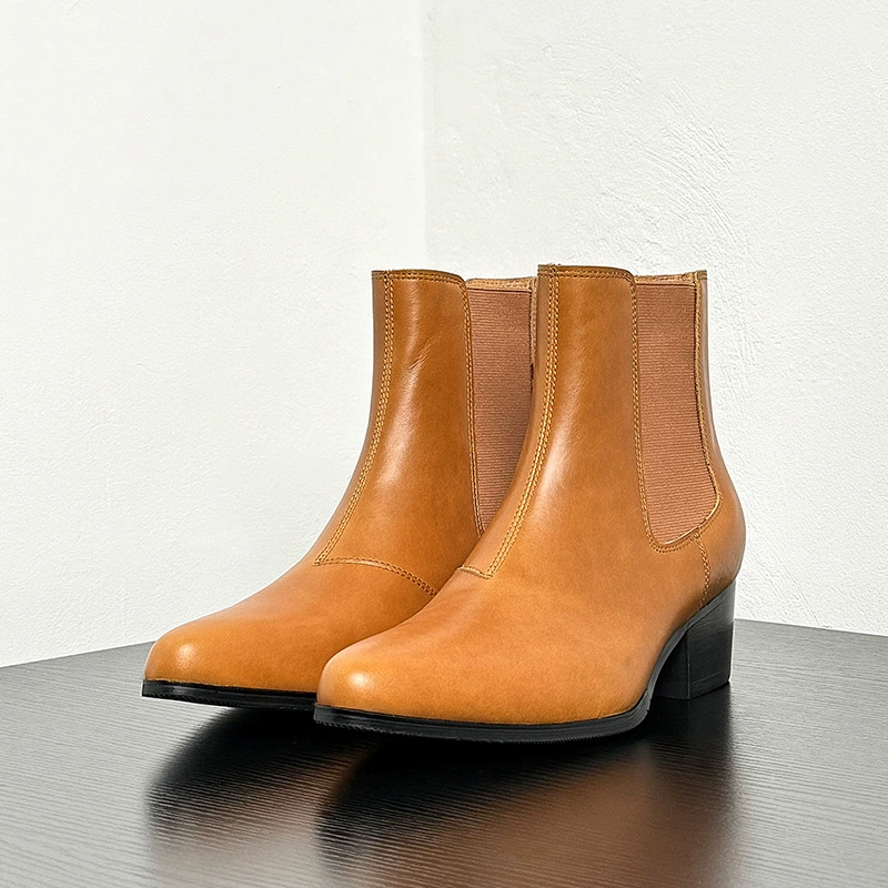 Оригинальные светло-коричневые остроконечные кожаные сапоги мужские сапоги на высоком каблуке все кожаные сапоги увеличены 5 см модные сапоги