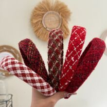 圣诞新年款红格子小香风发箍高级感金线棉麻韩版发箍女洗脸发带