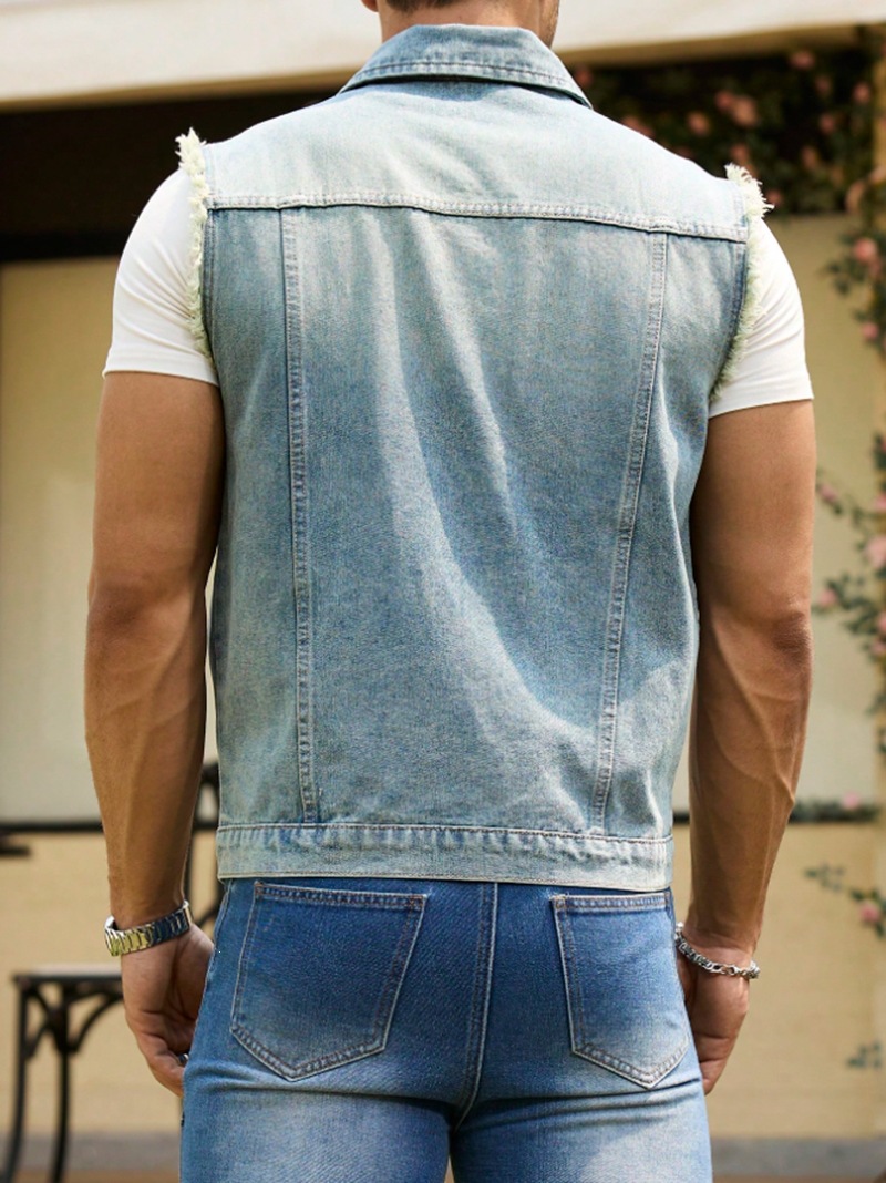 Men's Denim Jacket Style Fashion Street Short Sleeve Vest Frayed Edges_viptrois.com