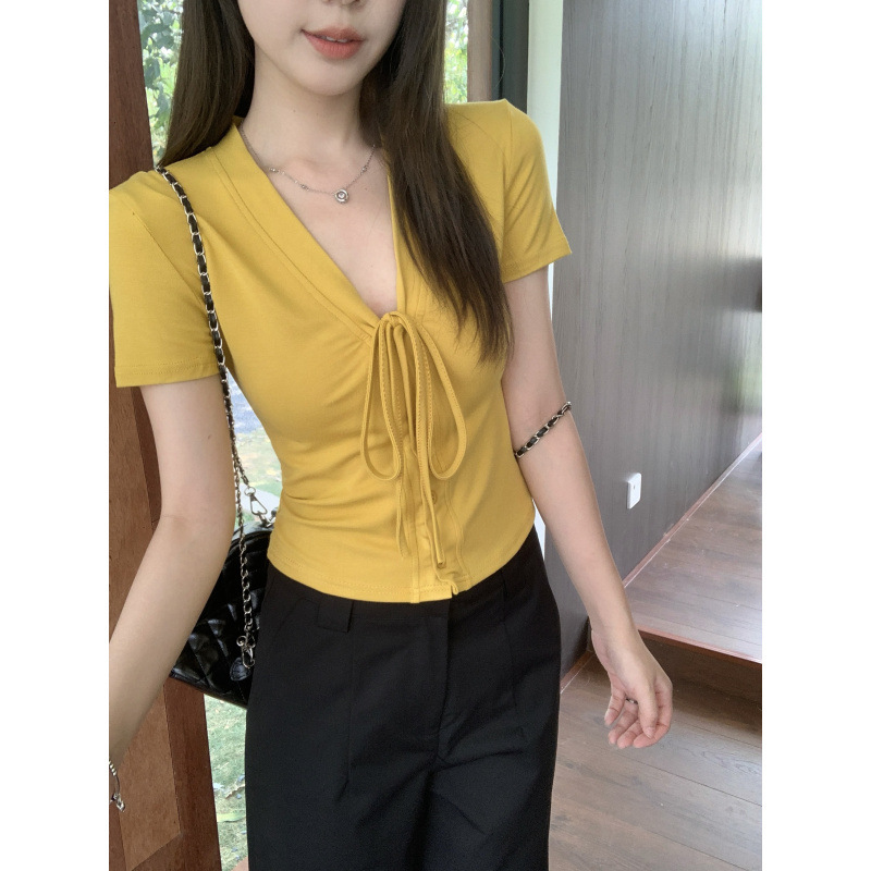 Brand Discount Plus-Size Pure Desire Style Lace-Up Short Top Versatile Slim-Fit Slimming Short-Sleeve T-Shirt Brand Discount Plus-Size Pure Desire Style Lace-Up Short Top Versatile Slim-Fit Slimming Short-Sleeve T-Shirt