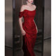 Toast dress bride 2024 new off-shoulder red evening dress light luxury niche wedding engagement long annual meeting