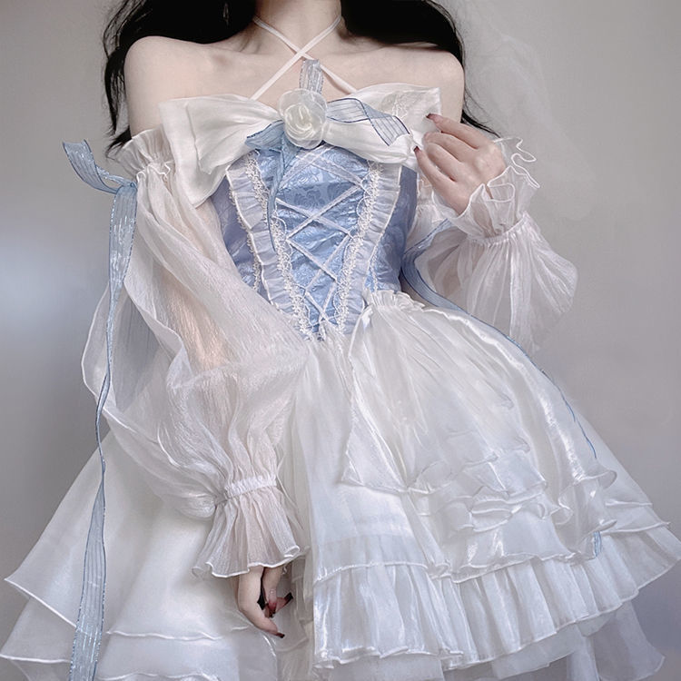 蓝色lolita连衣裙洋装设计前短后长花嫁重工大蝴蝶结拖尾公主裙子|undefined