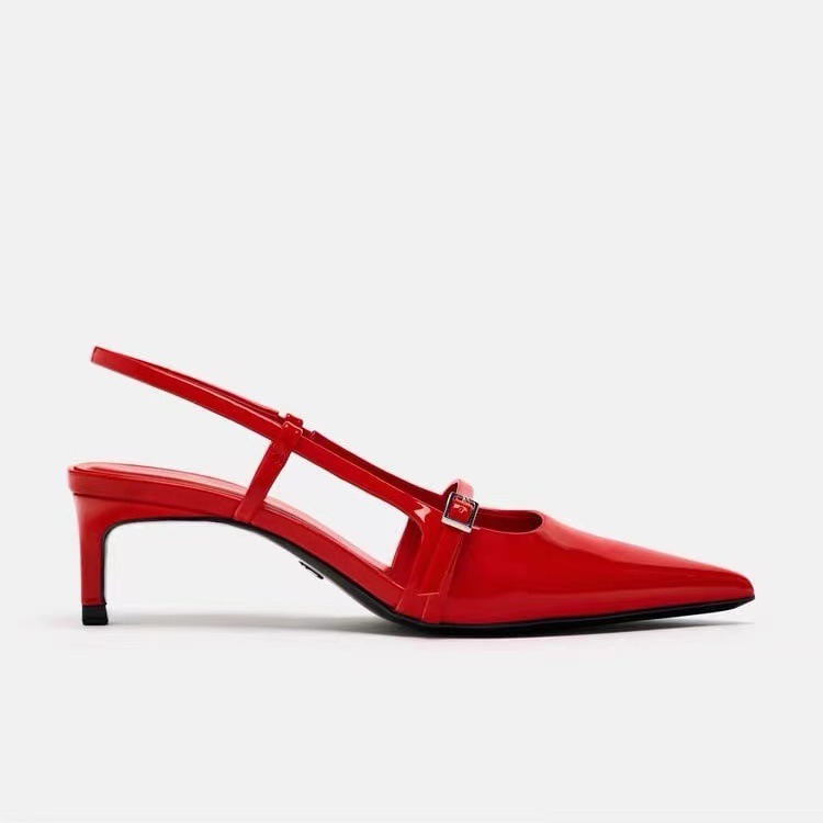 2024 new fashion pointed high heels, thin heels, toe caps, straight straps, shallow buckle style, exposed heel sandals for women