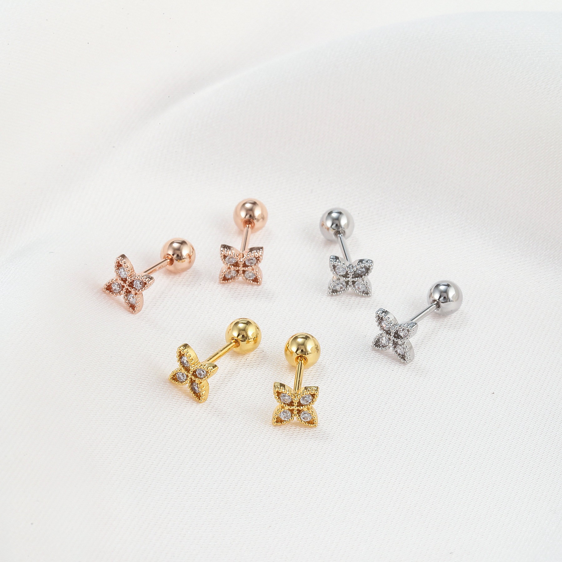 fashion leaf flower geometric symmetrical copper inlaid zircon earrings wholesale