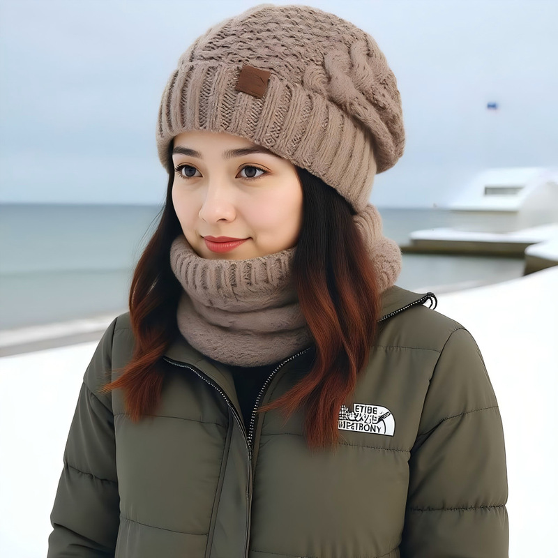 TEMU冬季欧美帽子围脖套装女士防寒保暖针织帽护耳套头毛线帽跨境|undefined