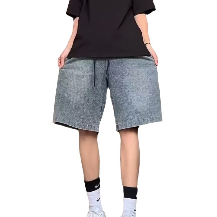 Moda japonesa cityboy pantalones cortos de mezclilla azul de cinco puntos pantalones sueltos rectos de moda de verano para hombres