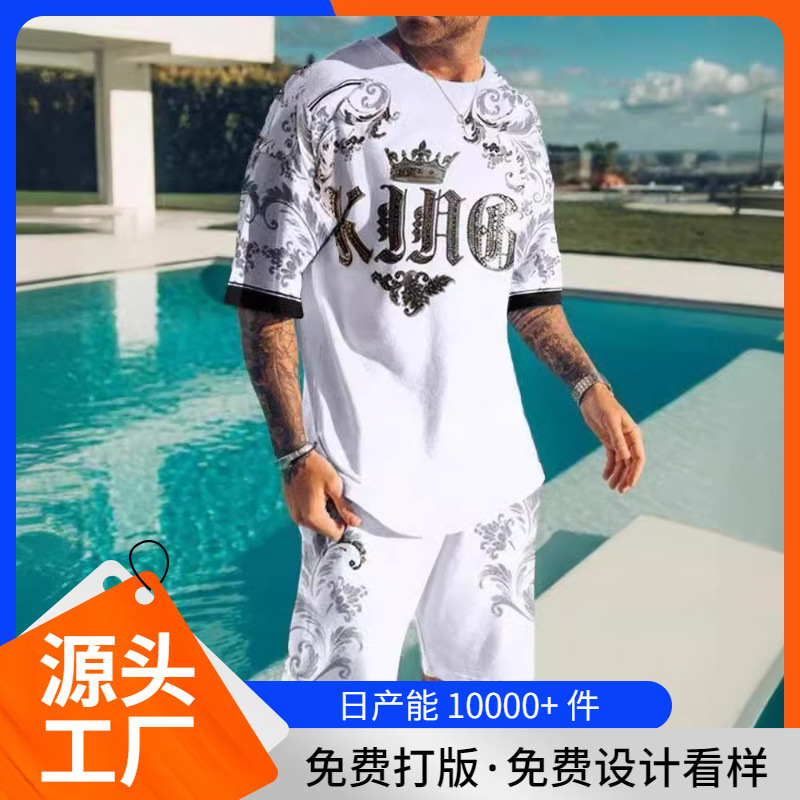 국경 새 3D 프린트 반팔 티셔츠 비치 반바지 2 피스 세트 스포츠 세트 캐주얼 플러스 사이즈 남성복