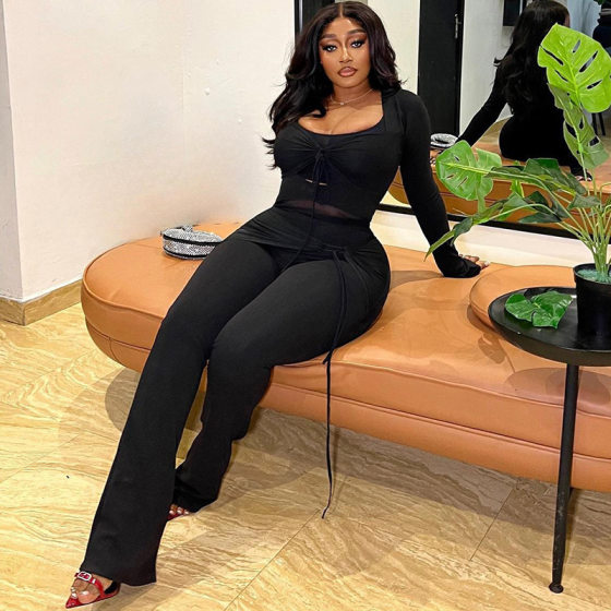 European and American style ins foreign trade women's clothing solid color casual suit two-piece mesh stitching long-sleeved top trousers Suits