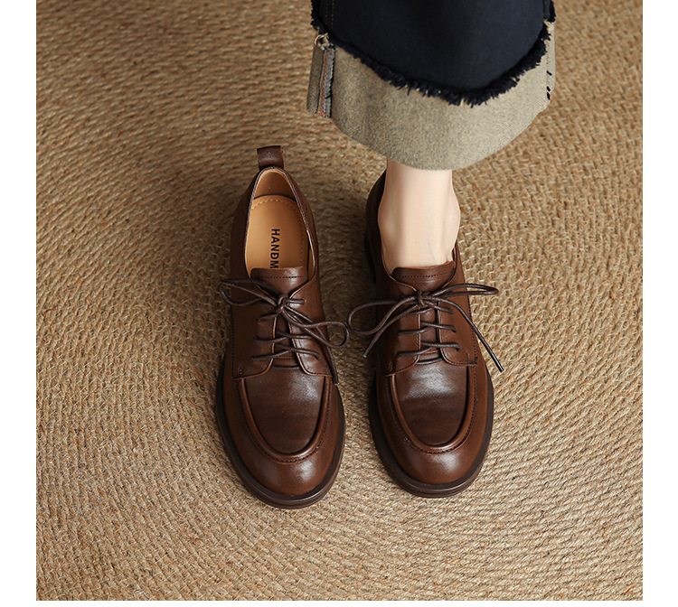 Giày cao gót nữ mũi tròn bít da bò, gót 7,6 cm, buộc dây, phong cách retro — Chiều cao gót màu nâu 7.6cm chi tiết 9