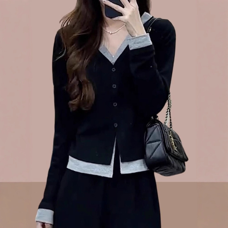 大码假两件拼接长袖T恤女2025秋季新款胖MM显瘦遮肉正肩打底上衣|undefined