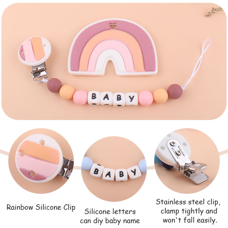 Bebé de dibujos animados clip de arco iris de silicona calmante bebé de dibujos animados arco iris de silicona teether palo de juguete