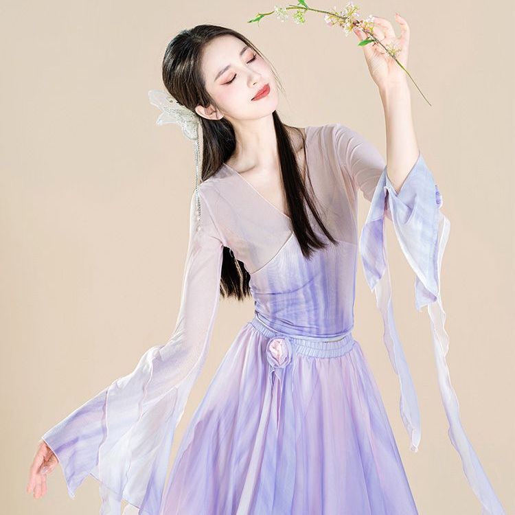原创古典舞蹈服渐变花朵纱衣飘逸大摆裙中国舞练功服演出服 超仙|undefined