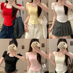 5095# Pure Spice Girl Bow Fake Two-piece Hanging Neck Tie Short Sleeve T-shirt Summer Slim Fit Top Women with Chest Pad