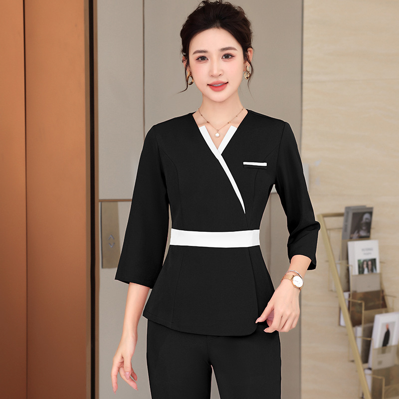 美容师工作服女养生足浴spa技师气质高端美容院大码秋冬中袖套装